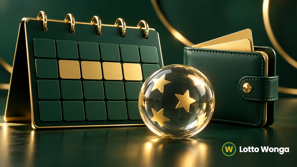 Abstrakter Kalender, Lotteriekugel und Geldbörse in Grün und Gold.