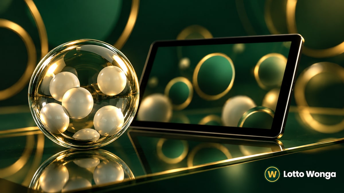 Lotteriekugeln aus Glas neben einem Tablet in Grün und Gold.